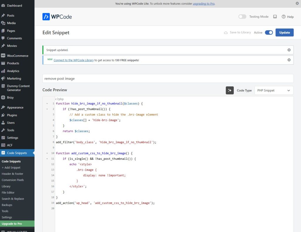 WP Code screenshot